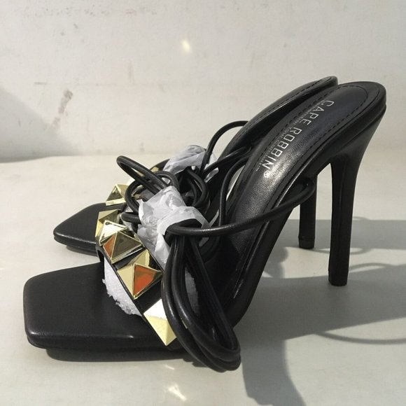 NWT CAPE ROBBIN AIGO GOLD STUDDED LACE UP‎ HEELS BLACK 5.5 - Picture 8 of 14